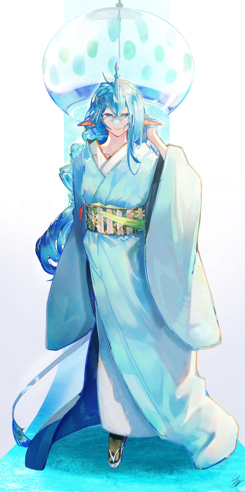 1girl absurdres arknights blue_eyes blue_hair blue_kimono cnnonnbiri96_(tori) commentary flower hair_between_eyes hair_flower hair_ornament hairclip hand_up highres horns japanese_clothes kimono long_hair obi pointy_ears princess_fumizuki_(arknights) sash simple_background single_horn smile solo standing symbol-only_commentary very_long_hair white_background wide_sleeves wind_chime