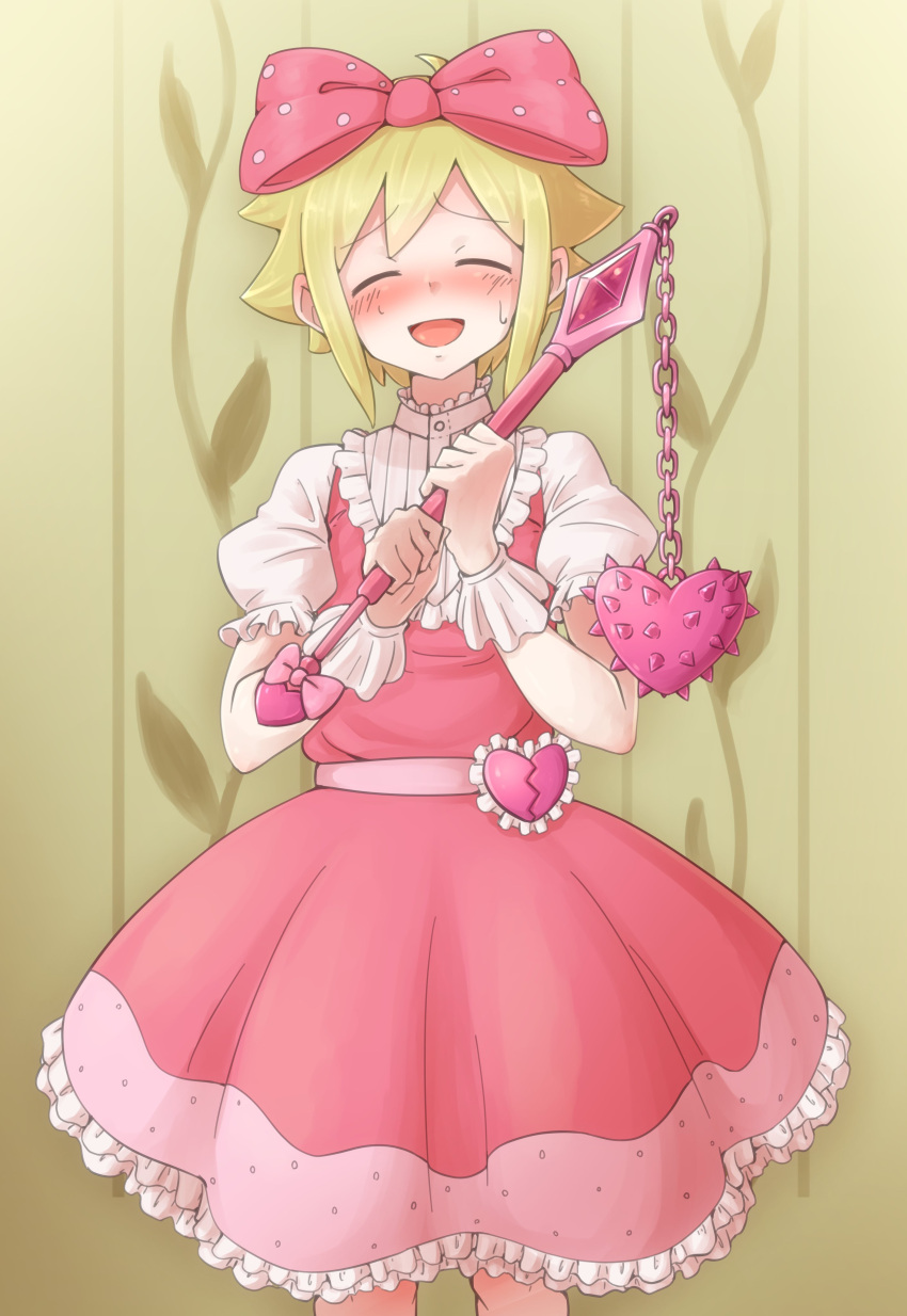 1boy absurdres basil_(omori) blonde_hair blush bow closed_eyes cosplay facing_viewer hair_bow highres holding holding_weapon mace omori open_mouth pink_bow polka_dot polka_dot_bow puffy_short_sleeves puffy_sleeves seven_pear short_hair short_sleeves smile solo spiked_mace spikes sweetheart_(omori) sweetheart_(omori)_(cosplay) weapon