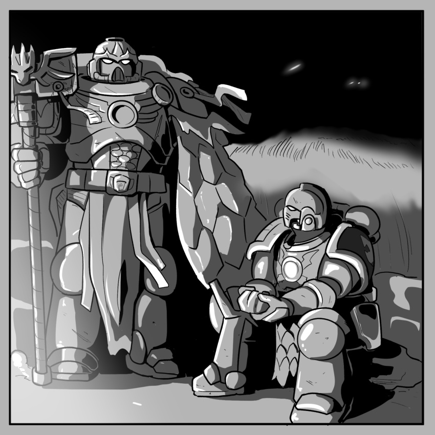 2boys adeptus_astartes armor chaplain coat english_commentary greyscale hammer helmet highres holding holding_hammer holding_weapon imperium_of_man mick19988 monochrome multiple_boys night pauldrons power_armor salamanders shoulder_armor sitting space_marine standing warhammer_40k weapon