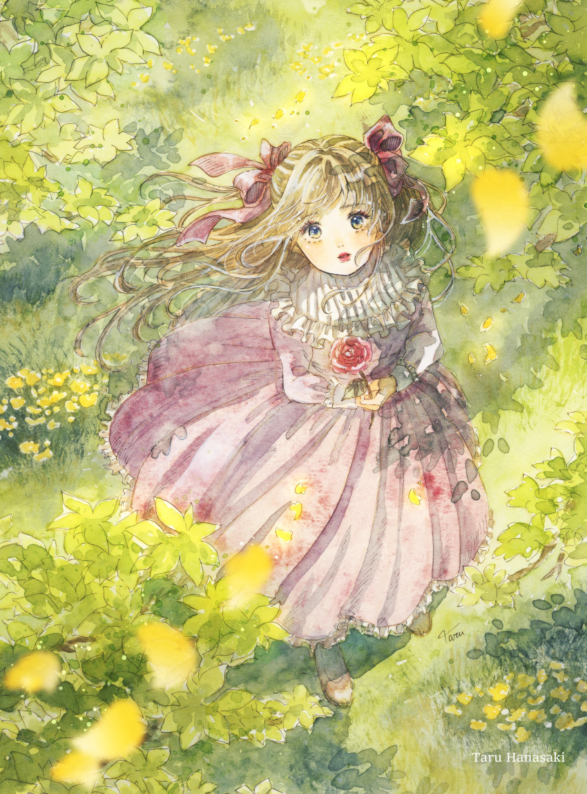 1girl absurdres artist_name blue_eyes brown_footwear commission dappled_sunlight day dress floating_hair flower foliage frilled_dress frills from_above gradient_eyes green_background green_eyes hair_ribbon highres holding holding_flower leaf long_dress long_hair long_skirt long_sleeves looking_up multicolored_eyes original painting_(medium) plant purple_dress purple_ribbon red_flower ribbon rose skeb_commission skirt solo standing sunlight tatu_24 traditional_media two-tone watercolor_(medium) white_trim wind yellow_eyes