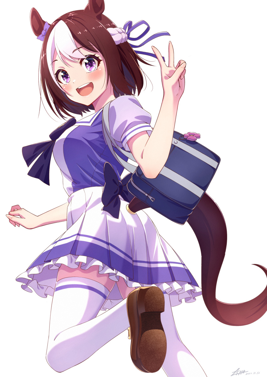 1girl :d animal_ears bag blush bow bowtie brown_footwear brown_hair dated frilled_skirt frills hair_ribbon highres horse_ears horse_girl horse_tail leg_up loafers looking_at_viewer multicolored_hair pleated_skirt puffy_short_sleeves puffy_sleeves purple_bow purple_bowtie purple_ribbon purple_serafuku purple_shirt ribbon sailor_collar sailor_shirt school_bag school_uniform serafuku shirt shoes short_hair short_sleeves sidelocks signature simple_background skirt smile solo special_week_(umamusume) tail takaokasho thigh-highs tracen_school_uniform two-tone_hair umamusume v violet_eyes white_background white_hair white_skirt white_thighhighs