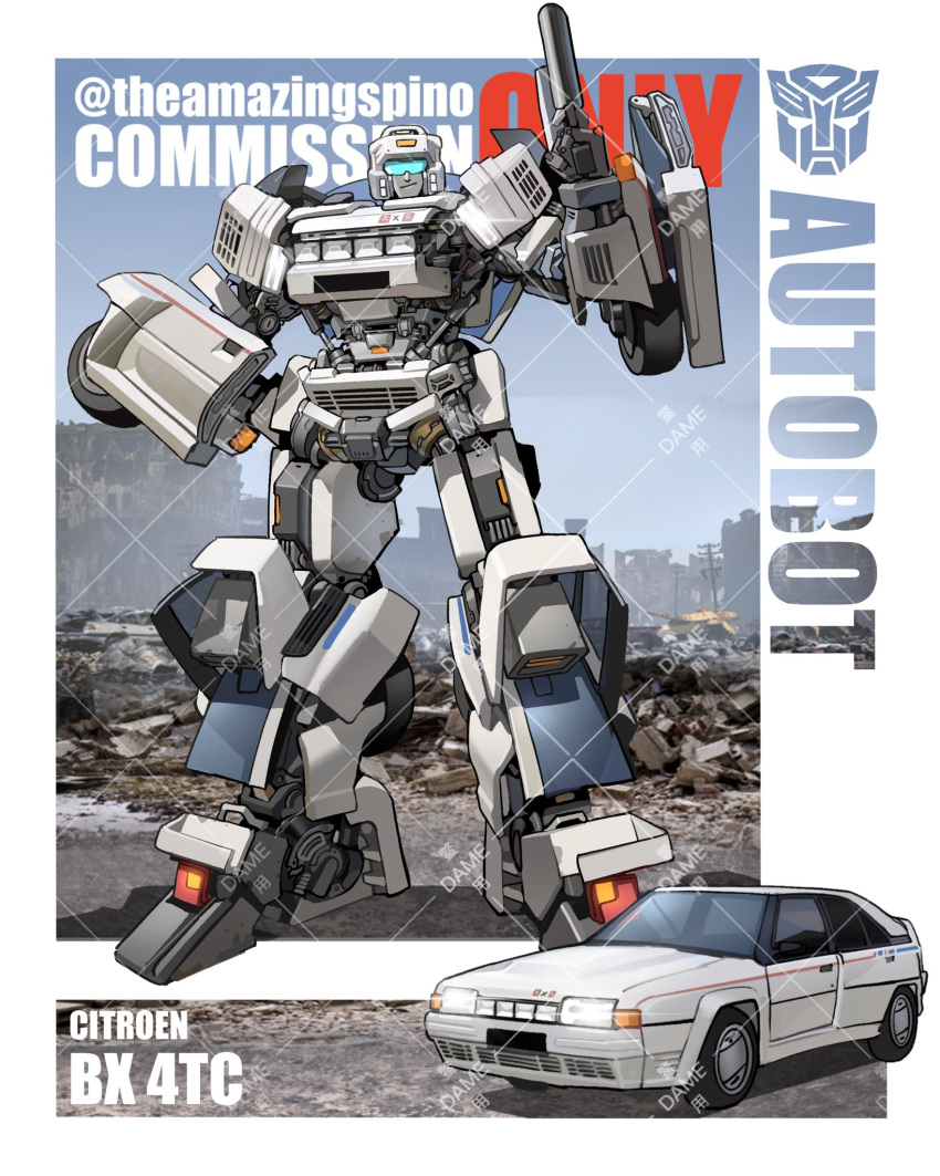 autobot car citroen citroen_bx commission ground_vehicle gun hand_on_hip highres holding holding_gun holding_weapon mecha motor_vehicle no_humans original piston robot rubble science_fiction smile solo theamazingspino transformers twitter_username watermark weapon