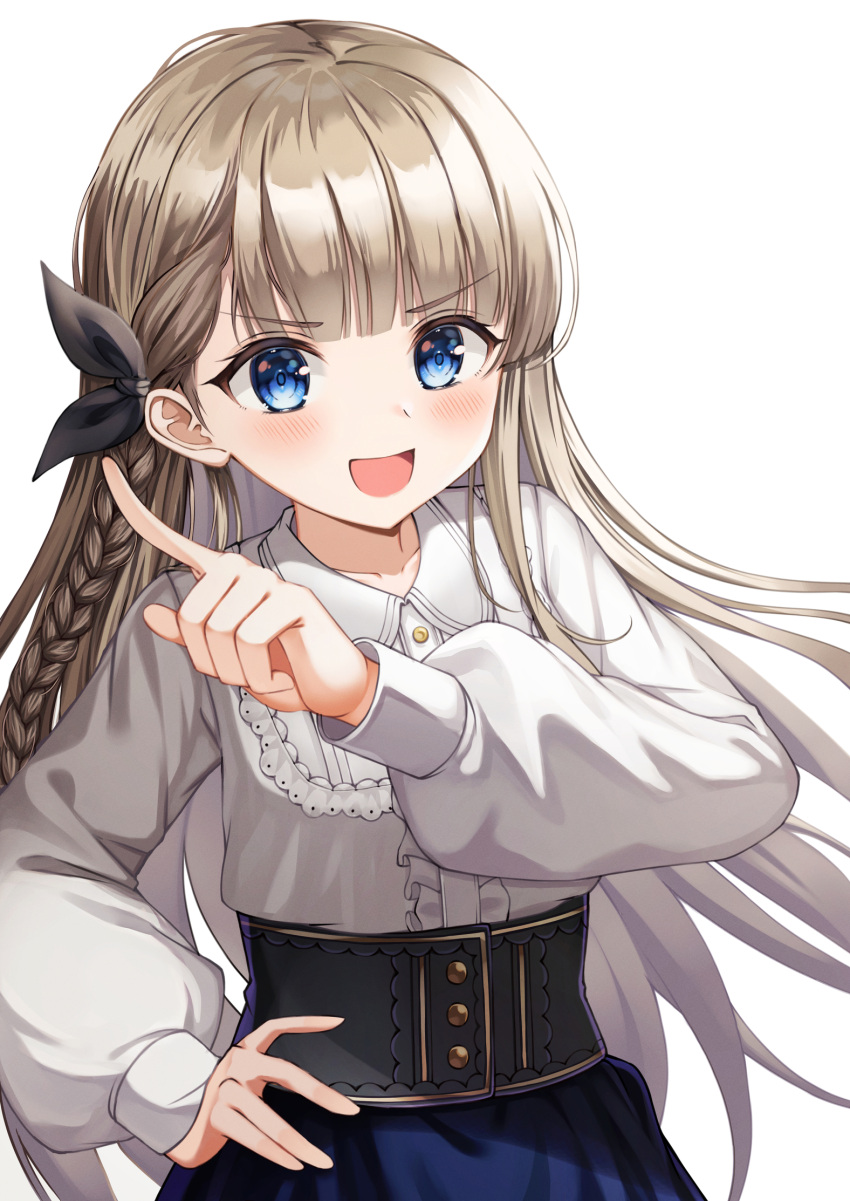 1girl bangs blonde_hair blue_eyes blue_skirt blush braid brown_hair clothing_request collarbone commentary cowboy_shot hand_on_hip hand_up highres idoly_pride index_finger_raised long_hair long_sleeves looking_at_viewer narumiya_suzu open_mouth pluto_(97dwnstjq) puffy_sleeves side_braid simple_background skirt smile solo white_background