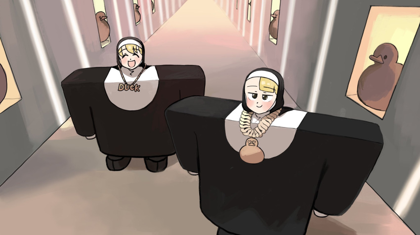 2girls :d bird black_eyes blonde_hair catholic chain_necklace character_request cosplay diva_(hyxpk) duck habit highres i_love_it_(song) indoors jewelry kanye_west kanye_west_(cosplay) little_nuns_(diva) multiple_girls necklace nun open_mouth parody scene_reference smile
