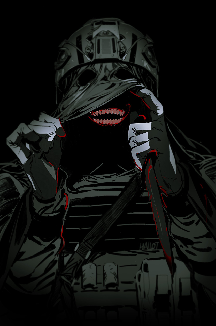 1boy absurdres artist_name black_background call_of_duty facing_viewer gloves grey_gloves hallot helmet highres holding holding_knife knife konig_(call_of_duty) mask open_mouth sharp_teeth simple_background solo teeth upper_body weapon