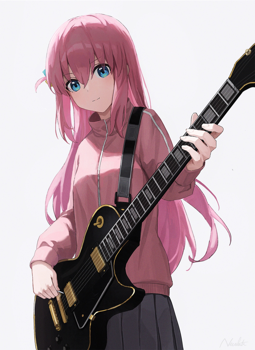 1girl blue_eyes blush bocchi_the_rock! cowboy_shot cube_hair_ornament electric_guitar gibson_les_paul gotou_hitori grey_skirt guitar hair_between_eyes hair_cubes hair_ornament highres holding holding_instrument holding_plectrum im_catfood instrument jacket long_hair one_side_up pink_hair pink_jacket pleated_skirt plectrum simple_background skirt smile solo track_jacket white_background