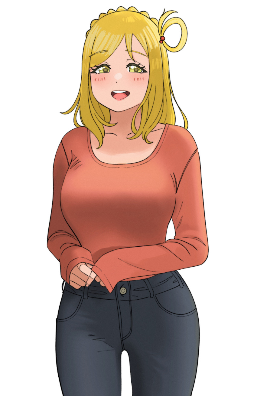 1girl :d absurdres black_pants blonde_hair breasts denim dunchy highres jeans large_breasts long_sleeves looking_at_viewer love_live! love_live!_sunshine!! medium_hair ohara_mari orange_shirt pants shirt simple_background single_hair_ring sleeves_past_wrists smile solo upper_body white_background yellow_eyes