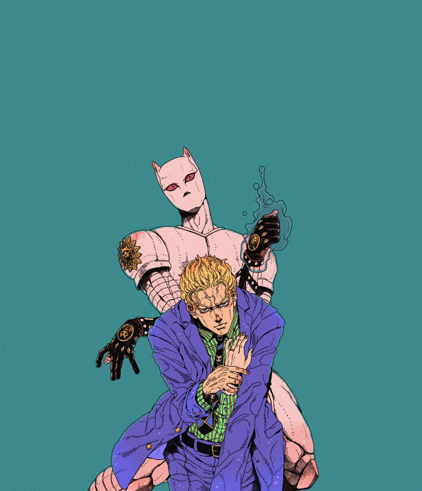 1boy black_gloves blonde_hair blue_background collared_shirt colored_sclera formal gloves green_shirt highres holding_another's_wrist jacket jojo_no_kimyou_na_bouken killer_queen kira_yoshikage leaning_forward looking_at_viewer pants purple_jacket purple_pants red_sclera severed_hand shirt short_hair simple_background spiky_hair suit tamagosan1001
