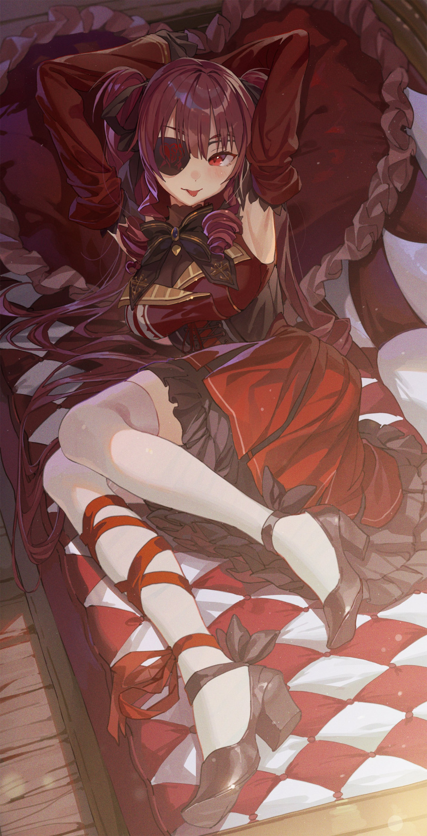 1girl :p absurdres armpits arms_behind_head bangs bare_shoulders black_bow black_corset black_footwear bow bowtie corset detached_sleeves eyepatch frilled_skirt frills full_body hair_over_shoulder hands_up heart heart_pillow highres hololive hololive_fantasy houshou_marine hxxg long_hair long_sleeves looking_at_viewer lying on_bed pillow red_eyes red_ribbon red_skirt redhead ribbon shiny shiny_hair shirt shoes skirt sleeveless sleeveless_shirt solo thigh-highs tongue tongue_out twintails virtual_youtuber white_thighhighs