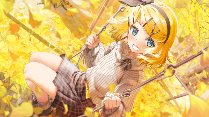 1girl autumn black_footwear black_hairband blonde_hair blue_eyes blurry blurry_background blurry_foreground brown_skirt commentary_request daidou_(demitasse) day depth_of_field dutch_angle ginkgo_leaf grin hair_ornament hairband hairclip highres kagamine_rin leaf looking_at_viewer outdoors plaid plaid_skirt ribbed_sweater shoes sitting skirt smile socks solo sweater swing tree turtleneck turtleneck_sweater vocaloid white_socks white_sweater