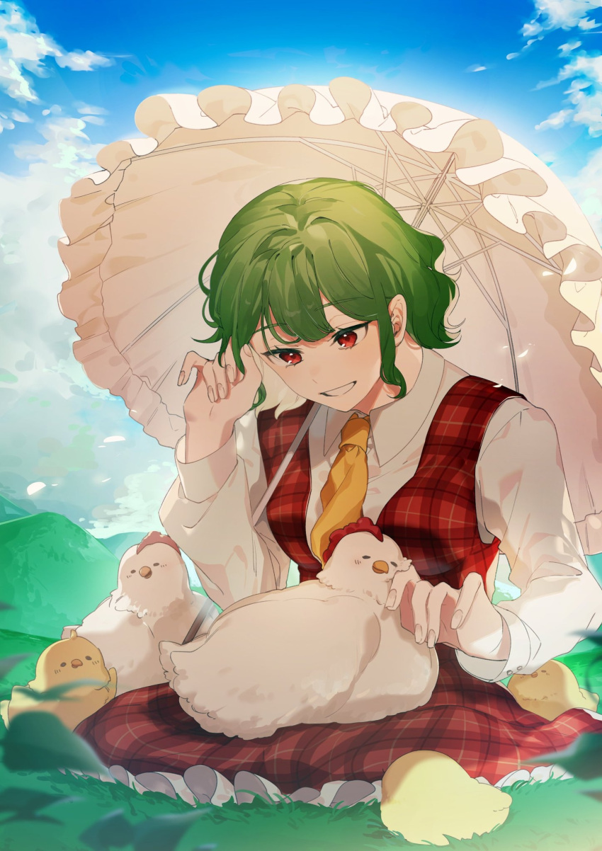 1girl animal animal_on_lap ascot bangs bird bird_on_lap black_eyes blue_sky blush breasts chick chicken closed_eyes closed_mouth clouds cloudy_sky collared_shirt colored_skin fingernails frills grass green_hair grey_shirt grey_skin hair_between_eyes hands_up highres kazami_yuuka laspberry. leaf long_sleeves looking_down looking_to_the_side medium_breasts mountain nature on_lap open_clothes open_vest outdoors parasol plaid plaid_skirt plaid_vest puffy_long_sleeves puffy_sleeves red_eyes red_skirt scenery seiza shirt short_hair sidelocks sitting sitting_on_person skirt sky smile standing sunlight teeth touhou umbrella vest wings yellow_ascot yellow_skin