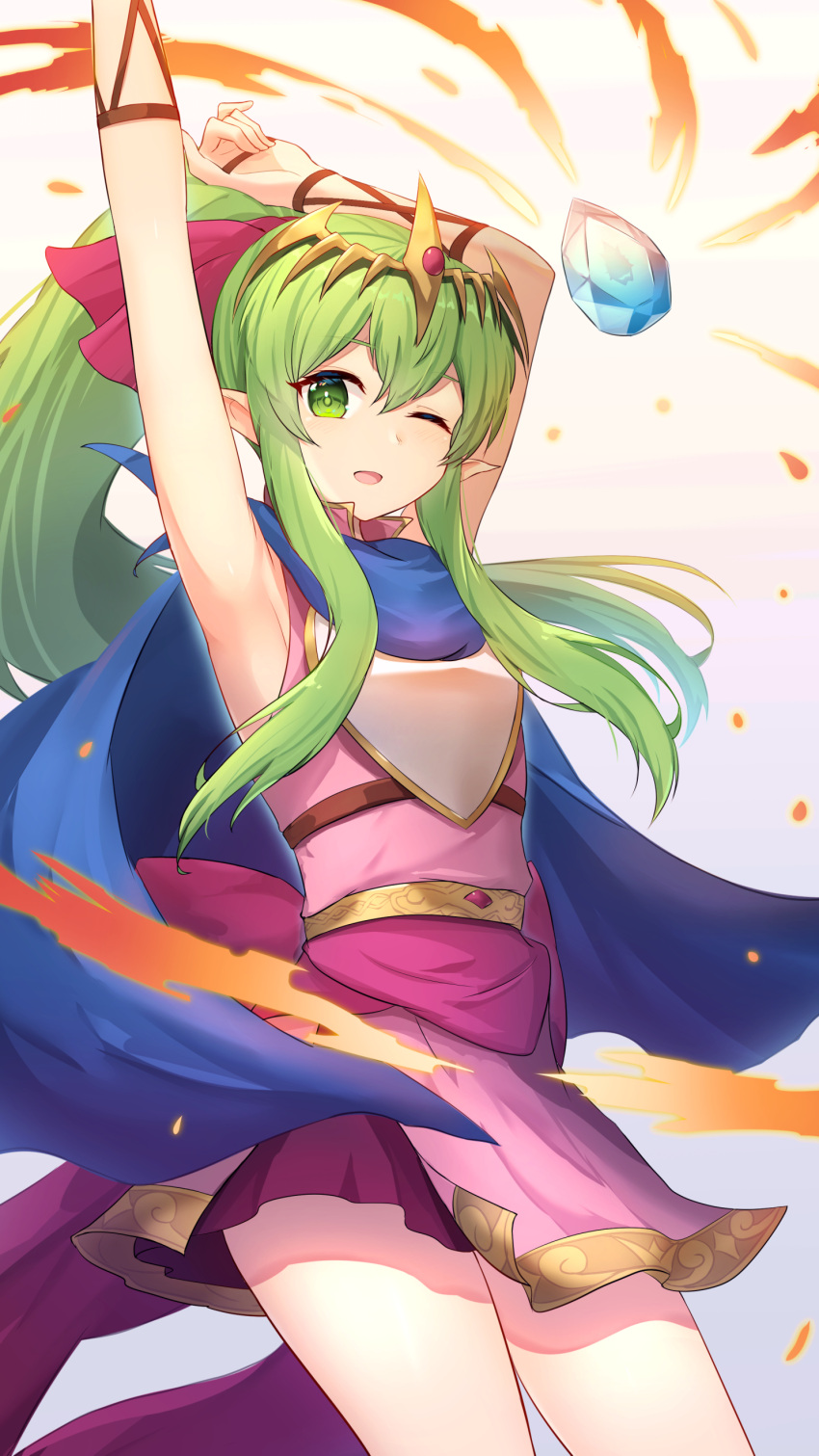 1girl absurdres arms_behind_head arms_up bangs blue_scarf dress fire fire_emblem fire_emblem:_mystery_of_the_emblem fire_emblem_heroes gem glowing green_eyes green_hair highres leather_wrist_straps long_hair miragetiki pink_dress pink_sash ponytail sash scarf sidelocks solo stretching tiara tiki_(fire_emblem)