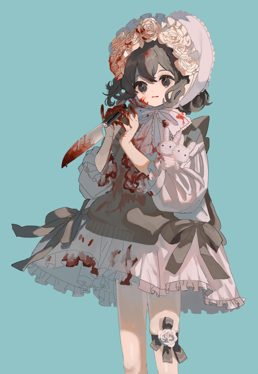 1girl absurdres blood blood_on_clothes blood_on_face blood_on_knife bonnet dress flower frilled_dress frills grey_dress grey_hair highres holding holding_knife knife lolita_fashion long_sleeves looking_at_viewer maple_(abc2215) original ribbon rose short_hair simple_background solo standing white_headwear