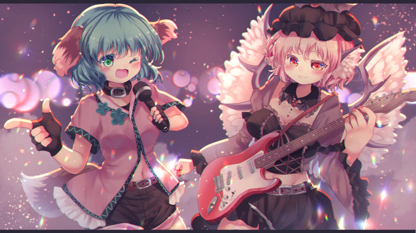 2girls absurdres animal_ears bad_anatomy bad_perspective bird_ears bird_wings black_gloves black_headwear black_shorts black_skirt blush breasts choujuu_gigaku collarbone cowboy_shot dog_ears dog_tail fang fingerless_gloves gloves green_eyes green_hair hat highres holding holding_microphone kasodani_kyouko kemo_chiharu medium_breasts microphone multiple_girls mystia_lorelei navel one_eye_closed open_mouth orange_eyes pink_hair short_hair short_sleeves shorts skirt smile tail touhou white_wings winged_hat wings