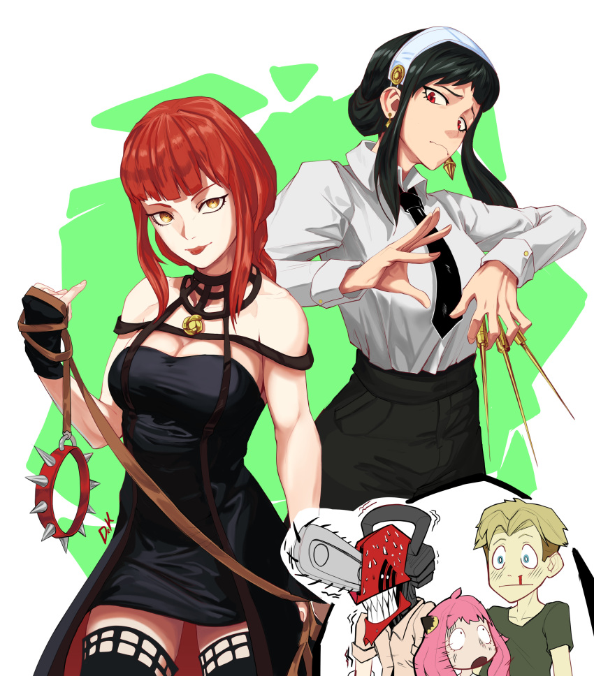 2boys 3girls absurdres anya_(spy_x_family) black_hair black_necktie black_pants blood braid chainsaw chainsaw_devil chainsaw_man collar collared_shirt cosplay costume_switch denji_(chainsaw_man) drawinik hairband highres leash long_hair makima_(chainsaw_man) makima_(chainsaw_man)_(cosplay) monster_boy multiple_boys multiple_girls necktie nosebleed pants red_eyes redhead shirt shirt_tucked_in short_hair sidelocks spiked_collar spikes spy_x_family twilight_(spy_x_family) white_shirt yellow_eyes yor_briar yor_briar_(cosplay)