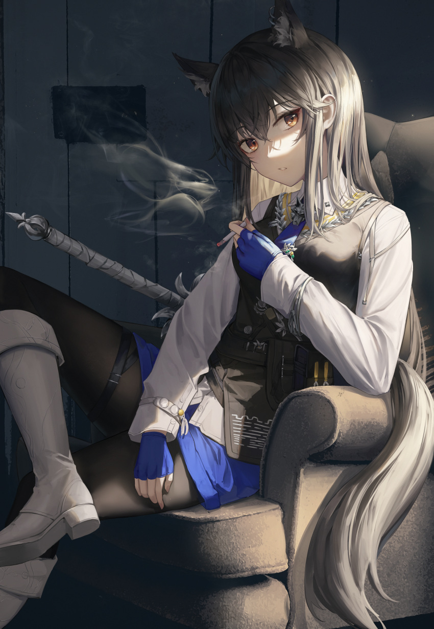 1girl absurdres animal_ear_fluff animal_ears arknights black_hair black_pantyhose blue_gloves blue_necktie blue_shorts boots cigarette collared_shirt couch fingerless_gloves flippy_(cripine111) gloves highres holding holding_cigarette long_hair long_sleeves necktie on_couch orange_eyes pantyhose pantyhose_under_shorts parted_lips shirt shorts sitting smoke smoking texas_(arknights) texas_the_omertosa_(arknights) very_long_hair white_footwear white_shirt wolf_ears