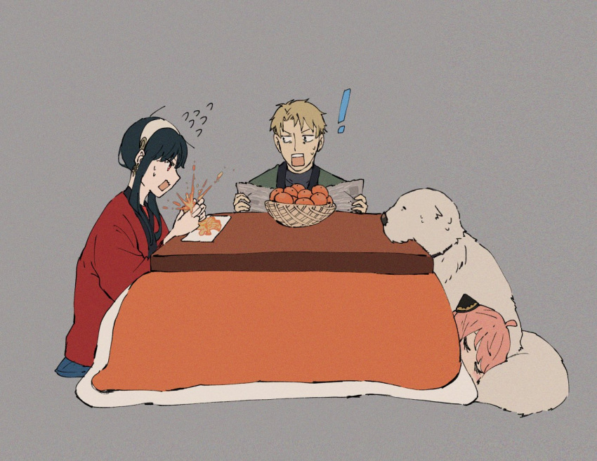 ! 1boy 2girls ahoge anya_(spy_x_family) black_hair blonde_hair child closed_eyes dog family female_child flying_sweatdrops food fruit grey_background hairpods hanten_(clothes) holding holding_newspaper kotatsu multiple_girls newspaper open_mouth orange_(fruit) pillow pink_hair simple_background sleeping spy_x_family table twilight_(spy_x_family) umk_umi yor_briar