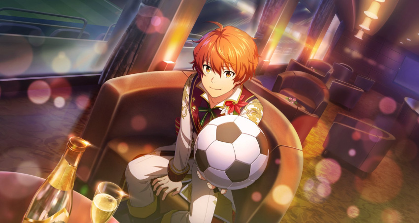 1boy ahoge aoi_kyosuke ball chair fingernails hair_between_eyes highres holding holding_ball idolmaster idolmaster_side-m idolmaster_side-m_growing_stars long_sleeves looking_at_viewer male_focus official_art orange_hair shiny sitting smile soccer_ball third-party_source