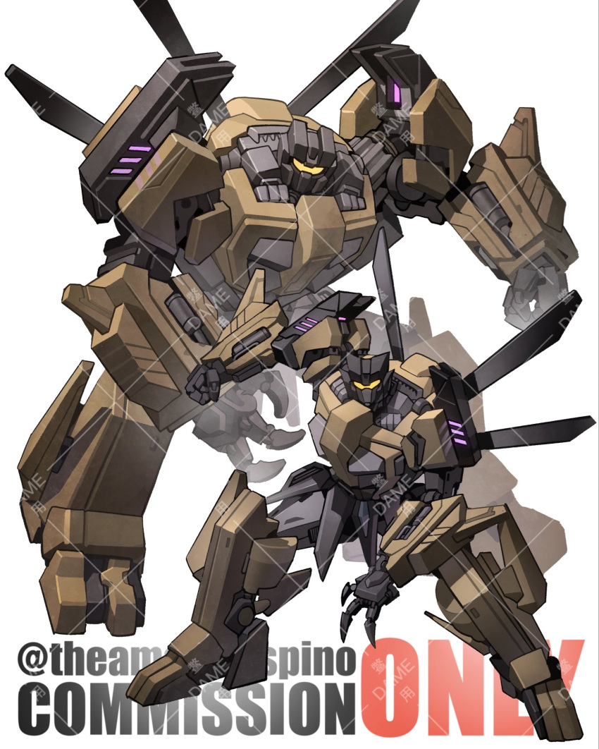 artist_name assault_visor clenched_hand commission highres looking_at_viewer mecha no_humans open_hand original robot science_fiction theamazingspino transformers twitter_username watermark white_background