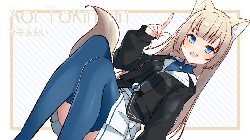 1girl adapted_costume animal_ears bangs belt blonde_hair blue_eyes blunt_bangs clock_hands dark_hound_3 fox_ears fox_girl fox_tail hat hat_removed headwear_removed highres long_hair pleated_skirt prism_project sidelocks skirt solo symbol-shaped_pupils tail thigh-highs tokimori_aoi virtual_youtuber white_skirt
