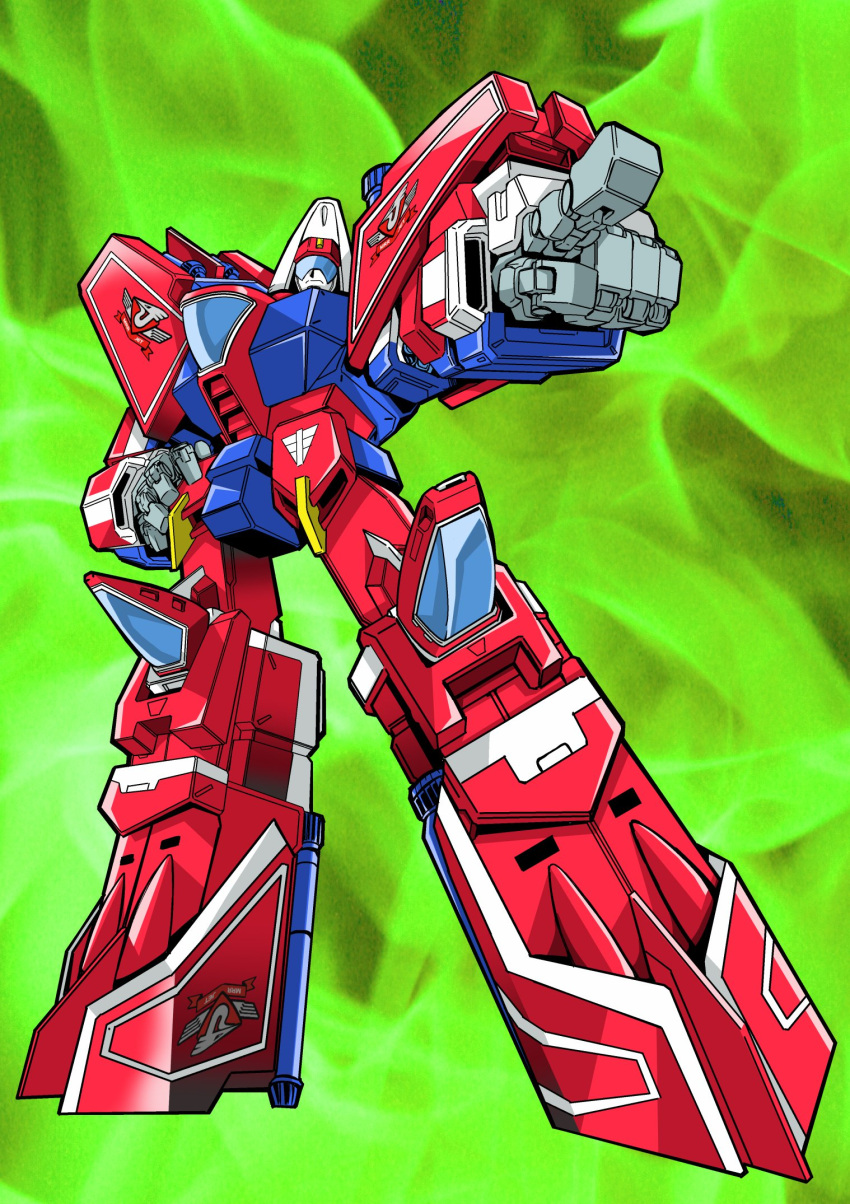 assault_visor frown full_body green_background hand_on_hip highres hyper_jet_robo machine_robo machine_robo_rescue mecha pointing robot science_fiction solo super_robot tsushima_naoto