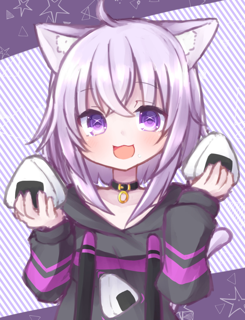 1girl ahoge animal_ear_fluff animal_ears bangs black_hoodie blush cat_ears cat_girl cat_tail commentary_request diagonal_stripes drawstring food food_on_face hair_between_eyes hands_up highres holding holding_food hololive hood hood_down hoodie horns long_sleeves nekomata_okayu oni_horns puffy_long_sleeves puffy_sleeves purple_hair rensei rice rice_on_face solo striped striped_background tail violet_eyes virtual_youtuber