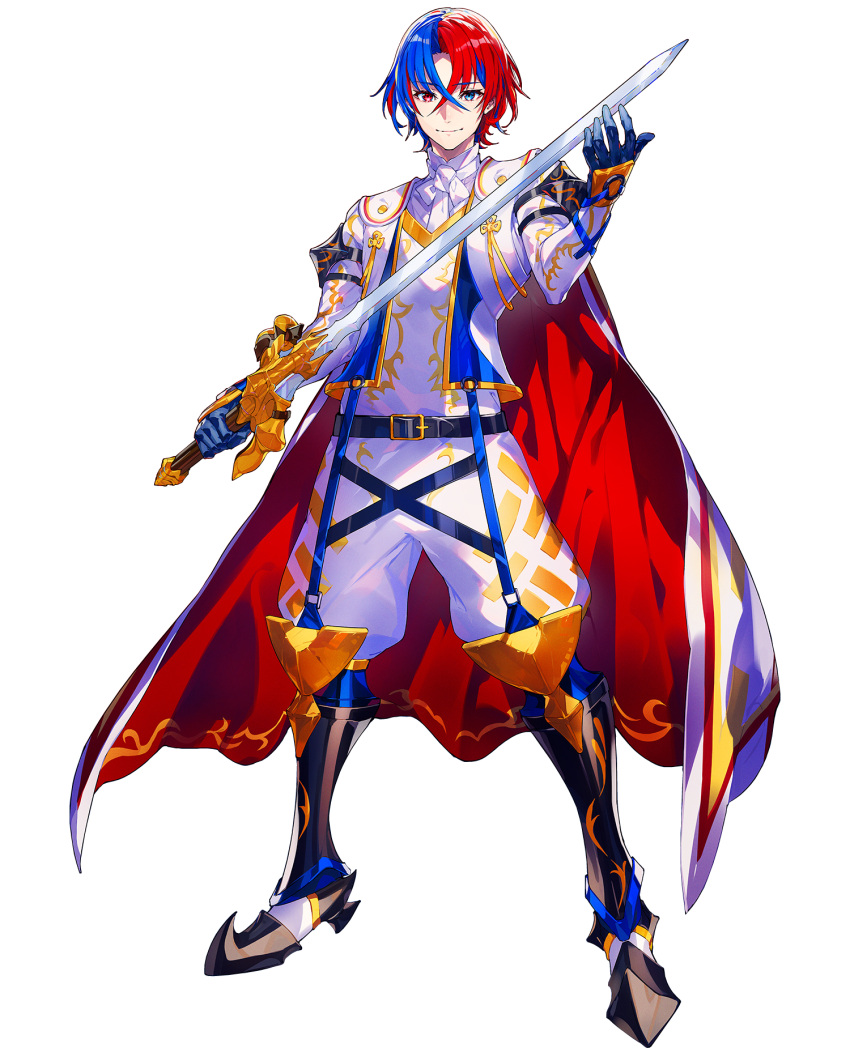 1boy alear_(fire_emblem) alear_(fire_emblem)_(male) armor bangs blue_eyes blue_hair boots cape character_name crossed_bangs fire_emblem fire_emblem_engage gloves heterochromia highres holding holding_sword holding_weapon mika_pikazo multicolored_hair official_art pointy_footwear red_eyes redhead simple_background smile sword two-tone_hair weapon white_background