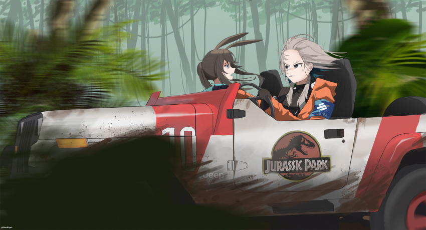 2girls absurdres amiya_(arknights) arknights bangs black_sweater blue_eyes brown_hair car clenched_teeth commentary_request driving forehead grey_eyes grey_hair ground_vehicle hair_between_eyes highres jacket jurassic_park logo long_hair mayer_(arknights) motion_blur motor_vehicle multiple_girls northkiyou open_clothes open_jacket open_mouth orange_jacket ponytail profile ribbed_sweater sidelocks sweater teeth tree