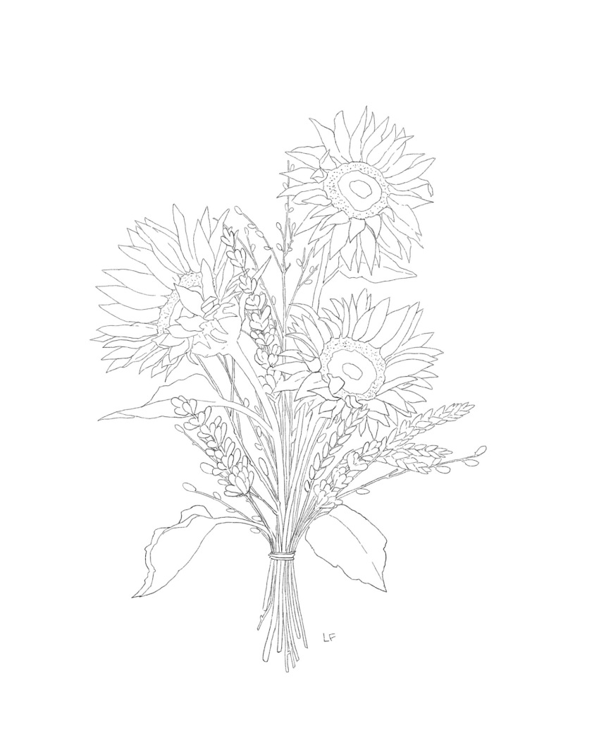 bouquet commentary english_commentary flower flower_focus greyscale highres libbyframe lineart monochrome no_humans original paid_reward_available plant signature simple_background still_life sunflower wheat white_background