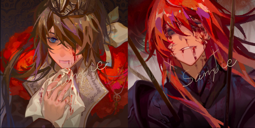 2boys angel armor bangs black_armor blood blood_emperor blood_from_eyes blood_on_clothes blood_on_face blue_eyes brown_hair chinese_commentary commentary_request crown empty_eyes hand_on_own_chest highres injury long_hair looking_at_viewer lord_of_the_mysteries medici_(lord_of_the_mysteries) multiple_boys mushengli nail_polish neckerchief parted_lips red_eyes redhead sample_watermark shaded_face teeth white_neckerchief
