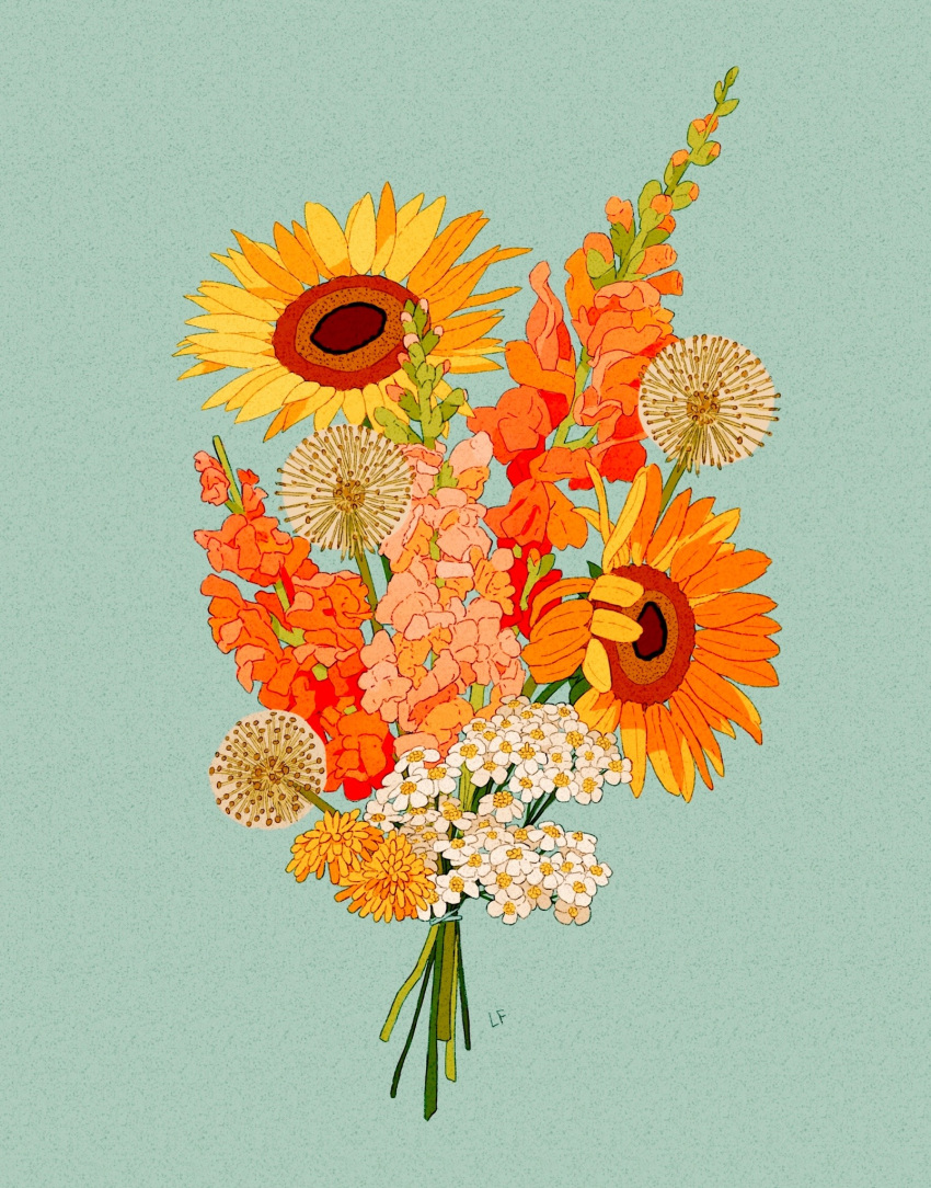 blue_background bouquet commentary english_commentary flower highres libbyframe no_humans orange_flower original plant signature simple_background still_life sunflower white_flower yellow_flower