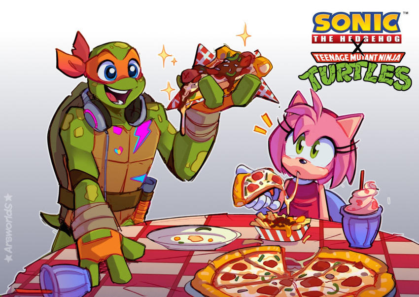 1boy 1girl amy_rose animal_ears arsworlds blue_eyes cheese cheese_trail commentary drinking_straw eating food french_fries furry furry_female gloves green_eyes headphones headphones_around_neck highres holding holding_food holding_pizza ice_cream ice_cream_float looking_at_another looking_at_food mask ninja open_mouth pepperoni pink_fur pink_hair pizza pizza_slice plate simple_background smile sonic_(series) table teenage_mutant_ninja_turtles teeth turtle white_gloves