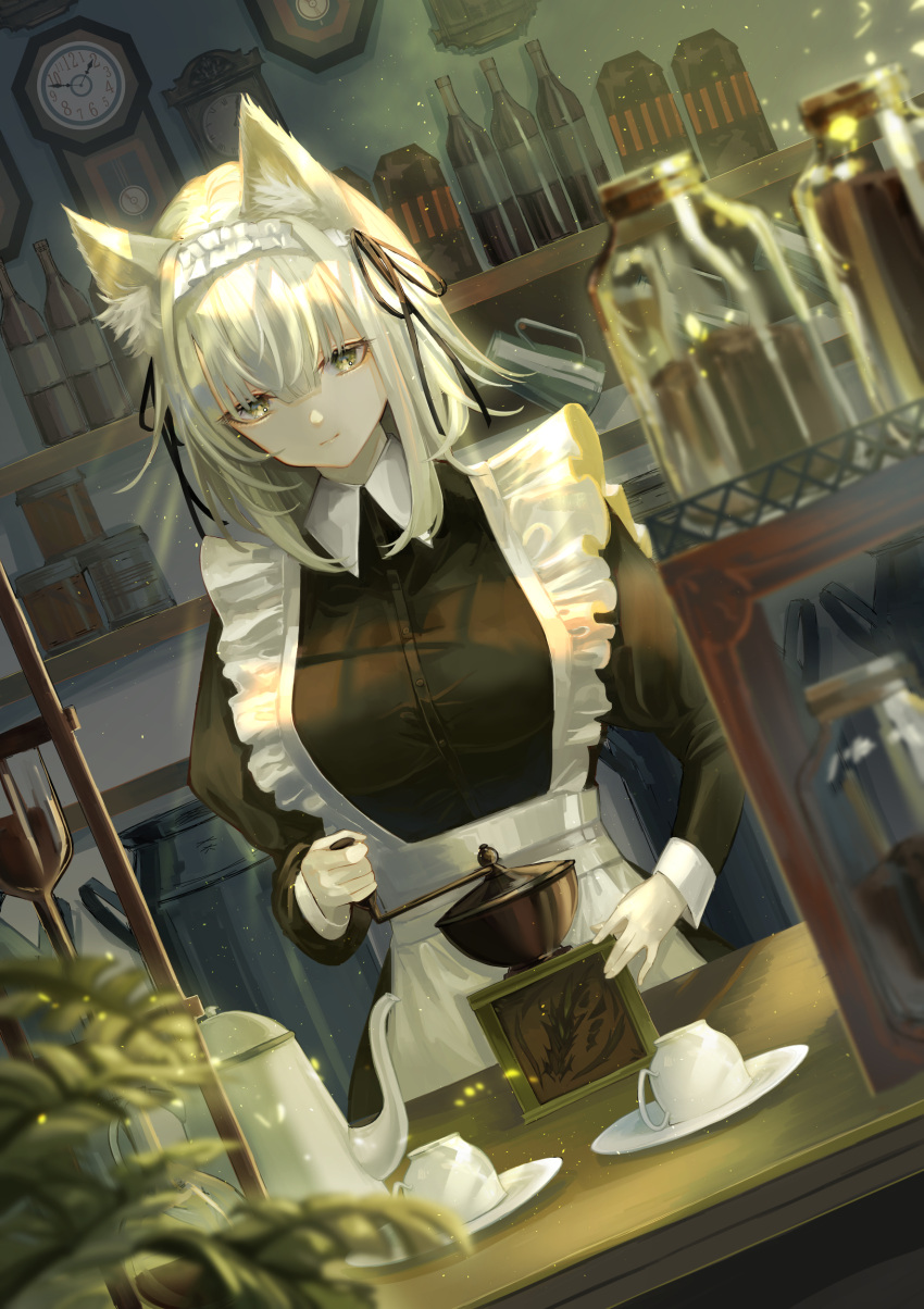 1girl absurdres animal_ear_fluff animal_ears apron arknights breasts cat_ears closed_mouth coffee_maker_(object) cup dutch_angle green_eyes grey_hair hemorina highres indoors jar juliet_sleeves kal'tsit_(arknights) large_breasts long_sleeves looking_at_viewer maid maid_headdress official_alternate_costume puffy_sleeves saucer short_hair smile solo white_apron