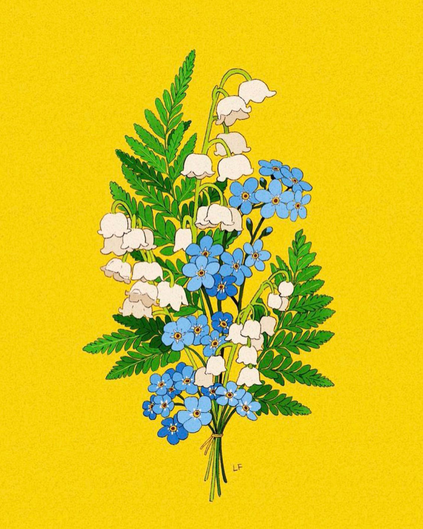 blue_flower bouquet commentary english_commentary fern flower forget-me-not_(flower) highres leaf libbyframe lily_of_the_valley no_humans original plant signature simple_background still_life white_flower yellow_background
