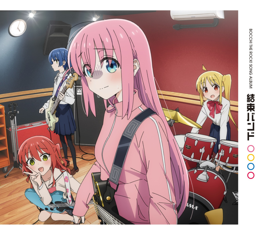 album_cover bass_guitar bocchi_the_rock! cover drum drum_set gotou_hitori guitar gym_uniform highres ijichi_nijika instrument kerorira kita_ikuyo official_art pantyhose school_uniform yamada_ryou