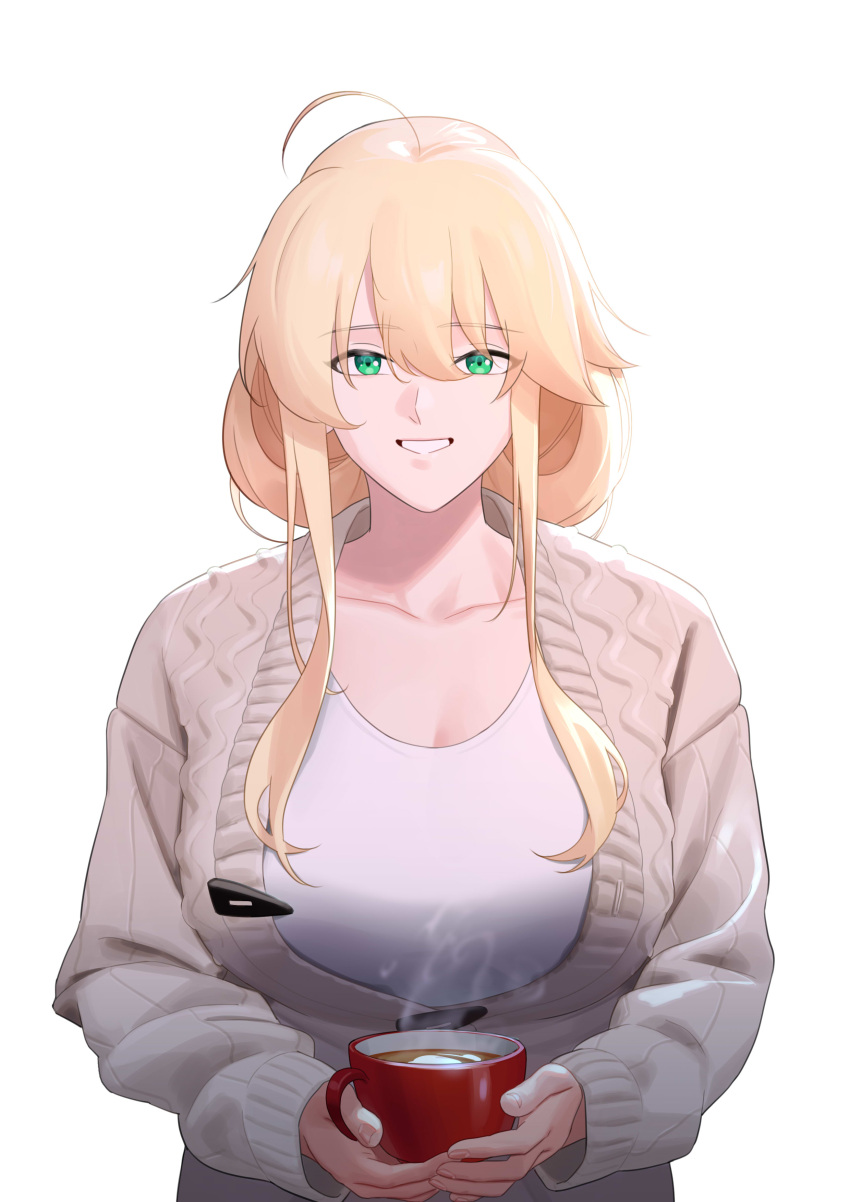 1girl absurdres ahoge artoria_pendragon_(fate) artoria_pendragon_(lancer)_(fate) bangs breasts casual cup fate/grand_order fate_(series) green_eyes grey_sweater hair_between_eyes hair_down highres holding holding_cup large_breasts long_sleeves looking_at_viewer mug n.e_(sakura-233) shirt sidelocks simple_background smile solo sweater swept_bangs upper_body white_background white_shirt