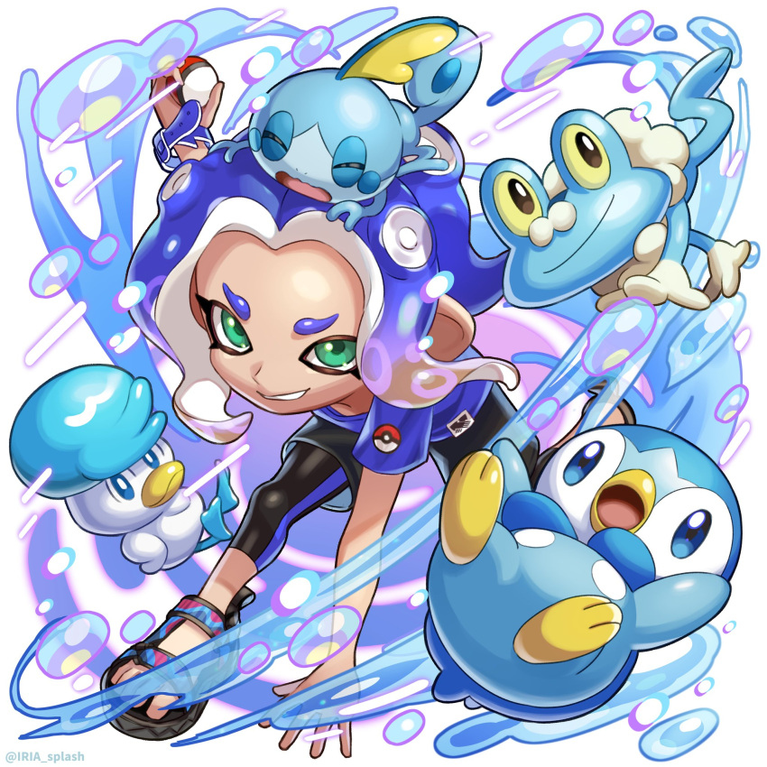 1girl arm_up bangs bird black_footwear black_pants blue_hair blue_shirt capri_pants commentary_request duck fighting_stance forehead froakie frog green_eyes grin highres holding holding_poke_ball iria_(yumeirokingyo) looking_at_viewer octoling octoling_girl open_mouth pants parted_bangs penguin piplup poke_ball poke_ball_(basic) pokemon pokemon_(creature) print_shirt quaxly sandals shirt short_eyebrows short_hair short_sleeves sidelocks smile sobble splatoon_(series) splatoon_3 standing t-shirt teeth tentacle_hair tight tight_pants v-shaped_eyebrows water water_drop white_background