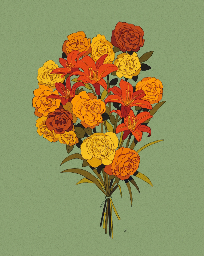 bouquet brown_flower brown_rose commentary commission english_commentary flower green_background highres leaf libbyframe lily_(flower) no_humans orange_flower orange_rose original plant red_flower red_rose rose signature simple_background still_life yellow_flower yellow_rose
