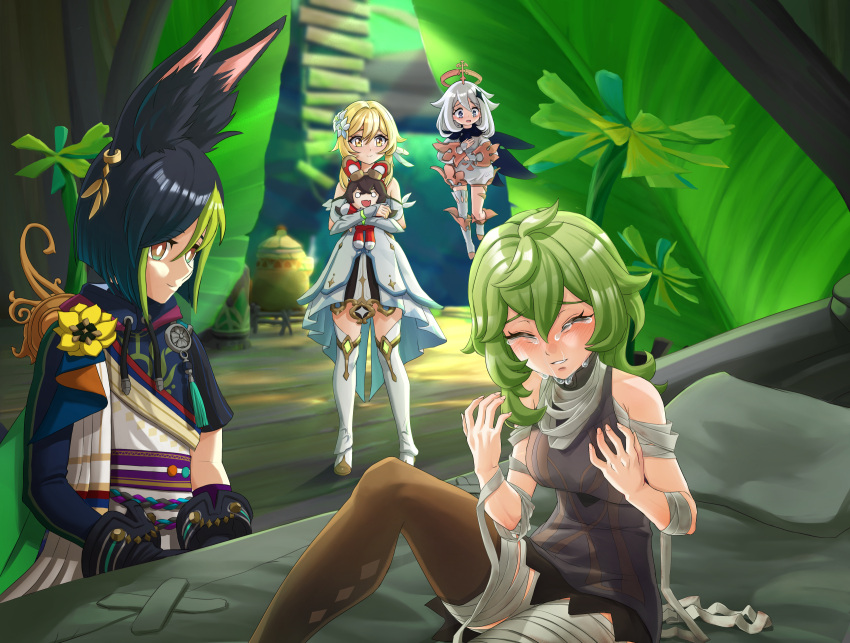 1boy 3girls :d animal_ears bandages bangs baron_bunny_(genshin_impact) black_eyes black_hair blonde_hair collei_(genshin_impact) commentary crying dog_ears dog_tail doll_hug english_commentary floating flower genshin_impact green_hair hair_between_eyes hair_flower hair_ornament halo happy highres long_hair long_sleeves looking_at_another luizhtx lumine_(genshin_impact) mechanical_halo multicolored_hair multiple_girls object_hug paimon_(genshin_impact) short_hair short_hair_with_long_locks sidelocks sitting sleeveless smile streaked_hair stuffed_animal stuffed_bunny stuffed_toy surprised tail tighnari_(genshin_impact) two-tone_hair waking_up white_hair yellow_eyes