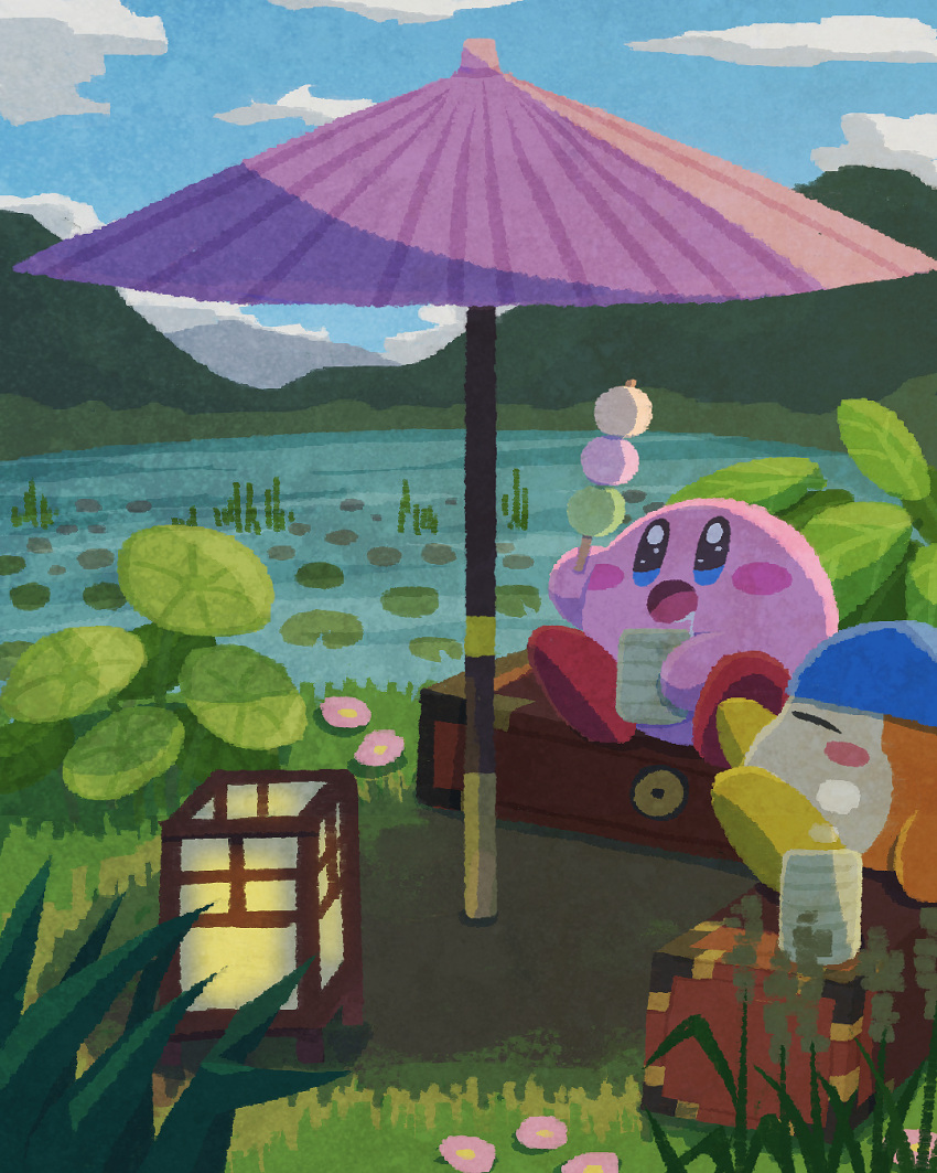 bandana bandana_waddle_dee blue_bandana blue_eyes blue_sky blush blush_stickers box closed_eyes clouds commentary_request dango day drooling food grass highres holding holding_food kirby kirby_(series) lantern lily_pad miclot mountain no_humans oil-paper_umbrella open_mouth outdoors petals pink_umbrella plant pond red_footwear sanshoku_dango shoes sky umbrella wagashi water yellow_footwear