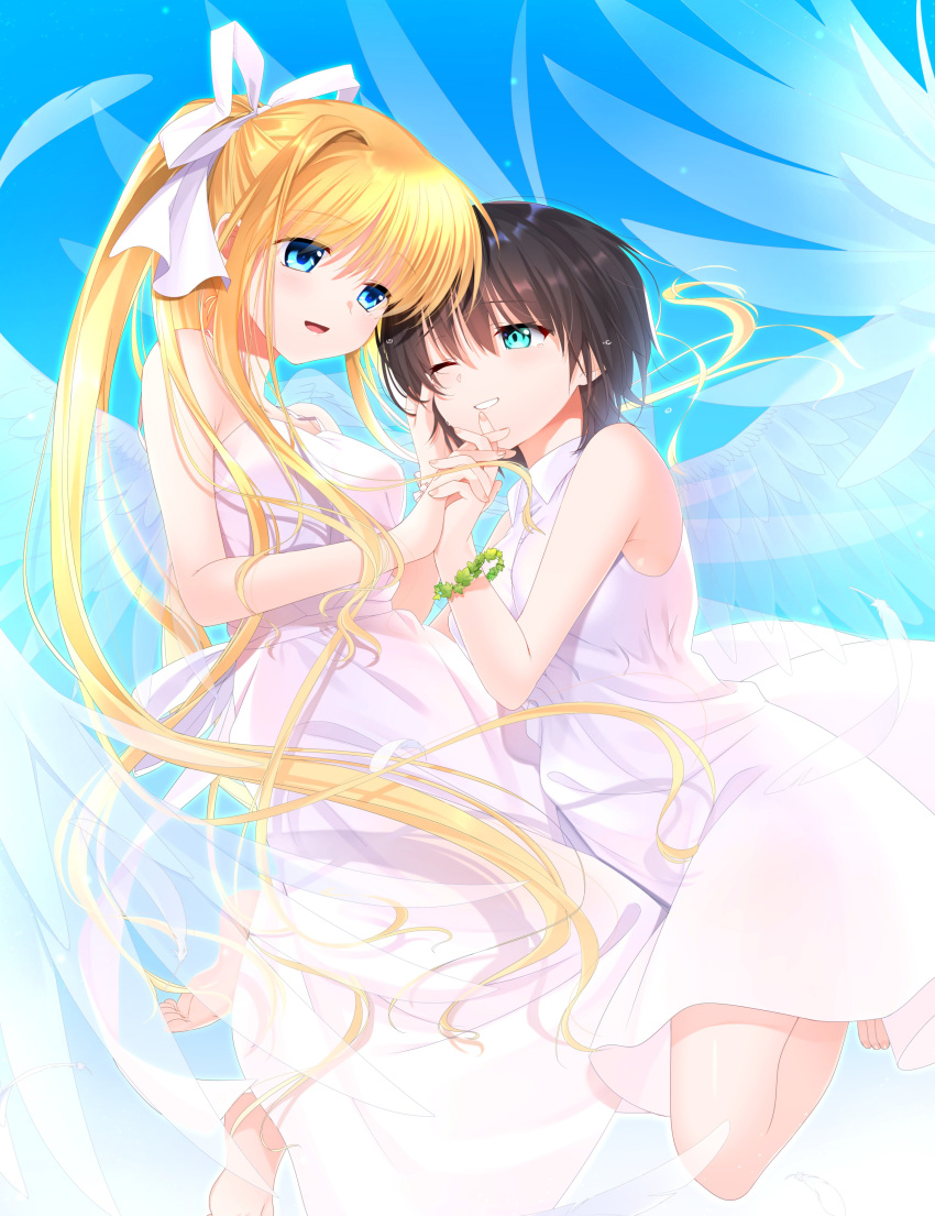 2girls absurdres air aoi_erika aqua_eyes black_hair blonde_hair blue_eyes commission crossover dress feet_out_of_frame hair_ribbon heaven_burns_red highres kamio_misuzu multiple_girls otou_(otou_san) ponytail ribbon short_hair skeb_commission sleeveless sleeveless_dress white_dress wings