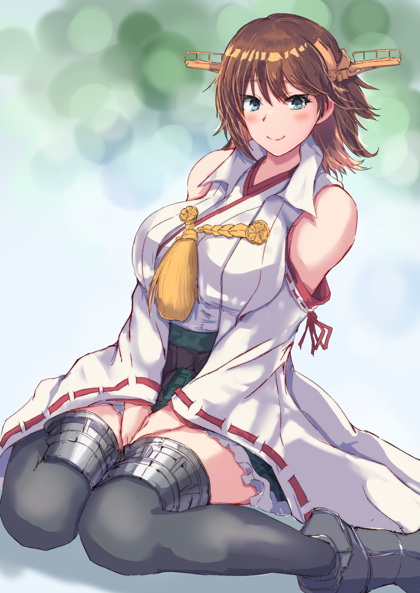 1girl absurdres boots breasts brown_hair detached_sleeves flipped_hair gradient gradient_background green_background green_skirt hairband headgear hiei_(kancolle) hiei_kai_ni_(kancolle) highres japanese_clothes kantai_collection kurage_ituki large_breasts looking_at_viewer nontraditional_miko plaid ribbon-trimmed_sleeves ribbon_trim short_hair sitting skirt smile solo thigh_boots wariza