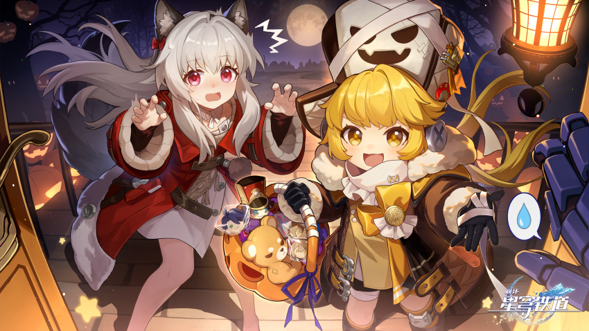 1other 2girls animal_costume clara_(honkai:_star_rail) door full_moon halloween halloween_costume highres honkai:_star_rail honkai_(series) hook_(honkai:_star_rail) jack-o'-lantern moon multiple_girls official_alternate_costume official_art pom-pom_(honkai:_star_rail) sampo_koski skull_print svarog_(honkai:_star_rail) trailblazer_(honkai:_star_rail) trailblazer_(honkai:_star_rail)_(female) trailblazer_(honkai:_star_rail)_(male) trick_or_treat wolf_costume