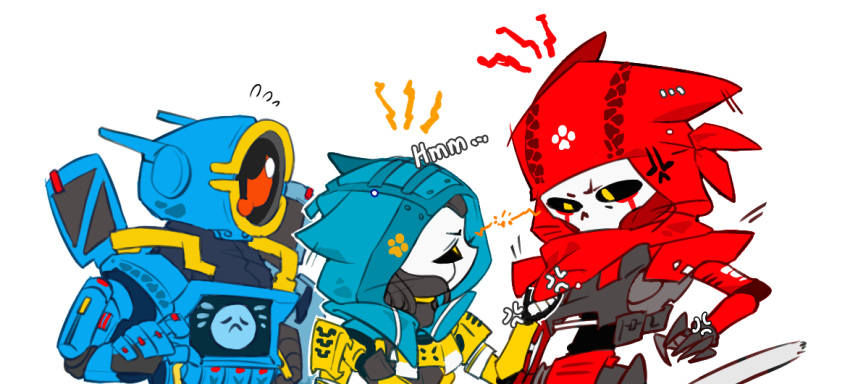 1girl 2boys android anger_vein animification apex_legends ash_(titanfall_2) bandana black_sclera chibi chinese_commentary colored_sclera hood hood_up humanoid_robot metal_skin multiple_boys one-eyed open_hand pathfinder_(apex_legends) red_bandana revenant_(apex_legends) robot ruu47 simulacrum_(titanfall) sweatdrop white_background yellow_eyes