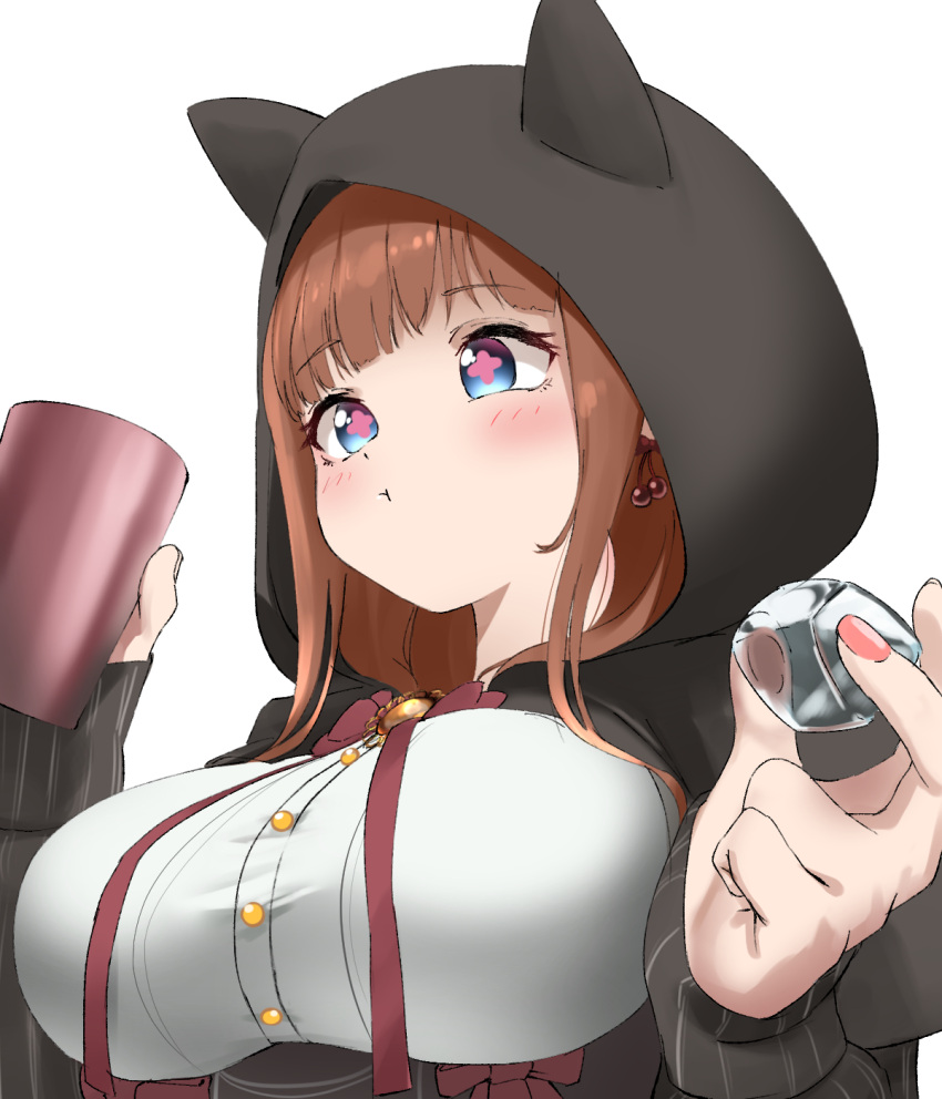 .live 1girl :t animal_hood bangs blue_eyes blunt_bangs breasts brown_hair cherry_earrings cross-shaped_pupils cup earrings food-themed_earrings highres holding holding_cup hood ice ice_cube jewelry kakyouin_chieri large_breasts sidelocks solo symbol-shaped_pupils tama_(tamago) underbust upper_body virtual_youtuber