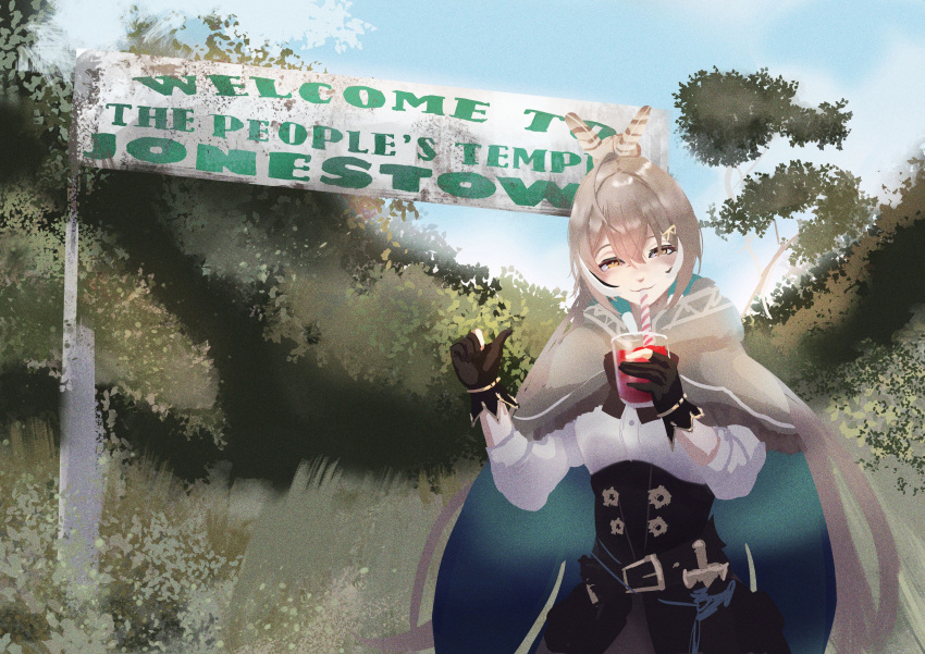 1girl absurdres bangs brown_capelet brown_cloak brown_corset brown_eyes brown_hair capelet cloak corset cup day drinking drinking_glass drinking_straw_in_mouth feathers gloves highres hololive hololive_english long_hair looking_at_viewer multicolored_hair nanashi_mumei outdoors partially_fingerless_gloves rancidronin shirt sidelocks sign solo streaked_hair thumbs_up tree very_long_hair virtual_youtuber white_shirt