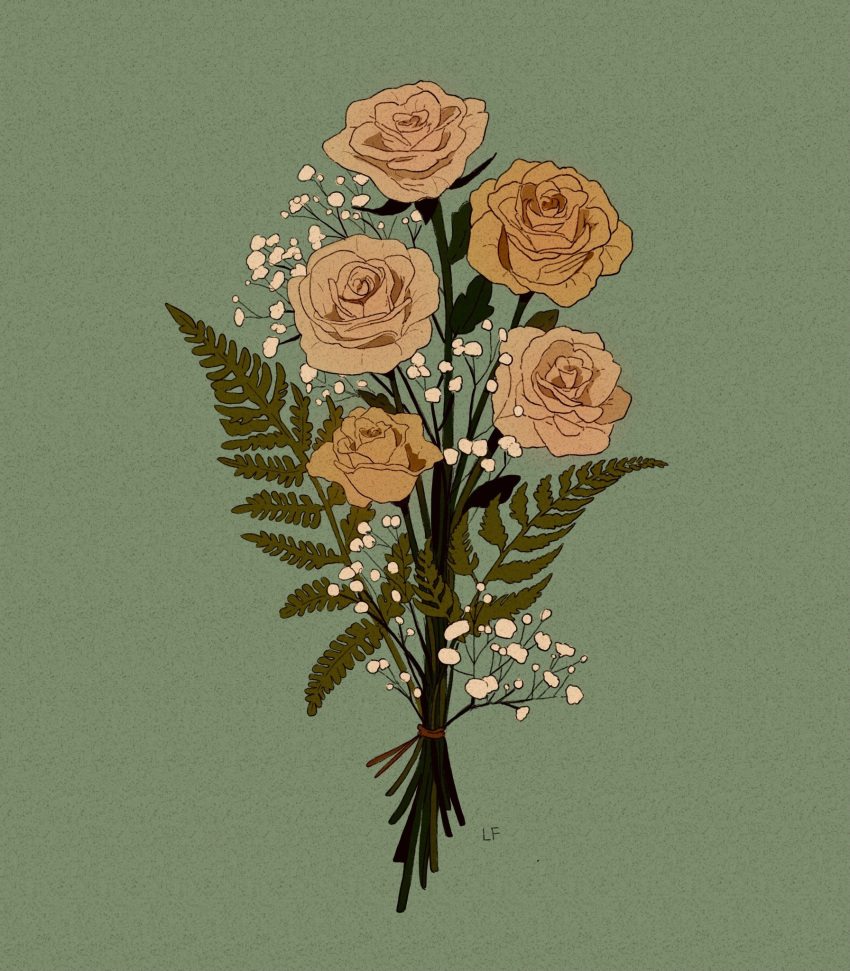 baby's-breath bouquet commentary commission english_commentary fern flower green_background highres leaf libbyframe no_humans original plant rose signature simple_background still_life white_flower white_rose yellow_flower yellow_rose