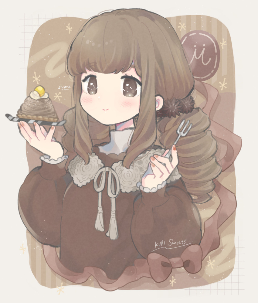 1girl bangs blush brown_eyes brown_hair drill_hair flower food fork hair_flower hair_ornament highres holding holding_food holding_fork holding_plate long_sleeves low_twintails mont_blanc_(food) nail_polish original plate puffy_long_sleeves puffy_sleeves shamo3 smile solo twin_drills twintails