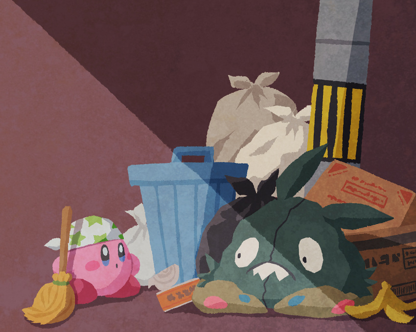 :o banana_peel bandana blue_eyes blush blush_stickers box broom brown_background cardboard_box commentary_request crossover holding holding_broom kirby kirby_(series) looking_at_another miclot no_humans parted_lips pokemon pokemon_(creature) trash trash_bag trash_can trubbish white_bandana