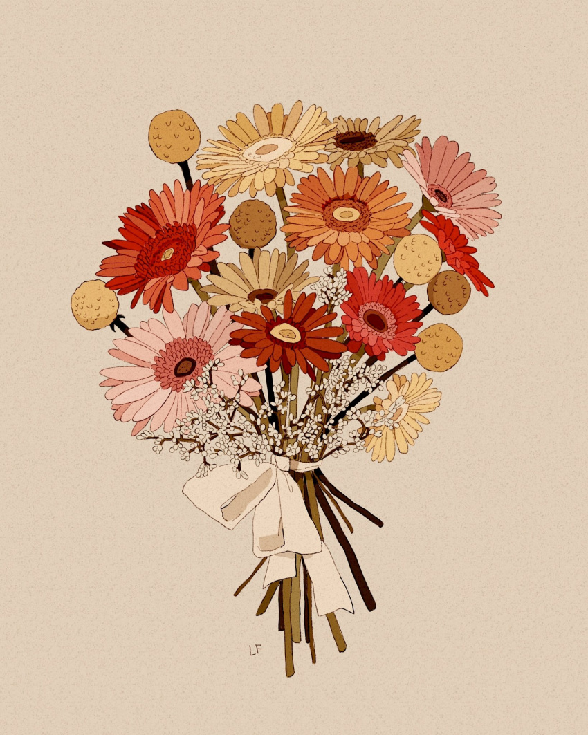 bouquet commentary daisy english_commentary flower flower_focus gerbera grey_background highres libbyframe no_humans orange_flower original pink_flower plant red_flower ribbon signature simple_background still_life white_flower white_ribbon yellow_flower
